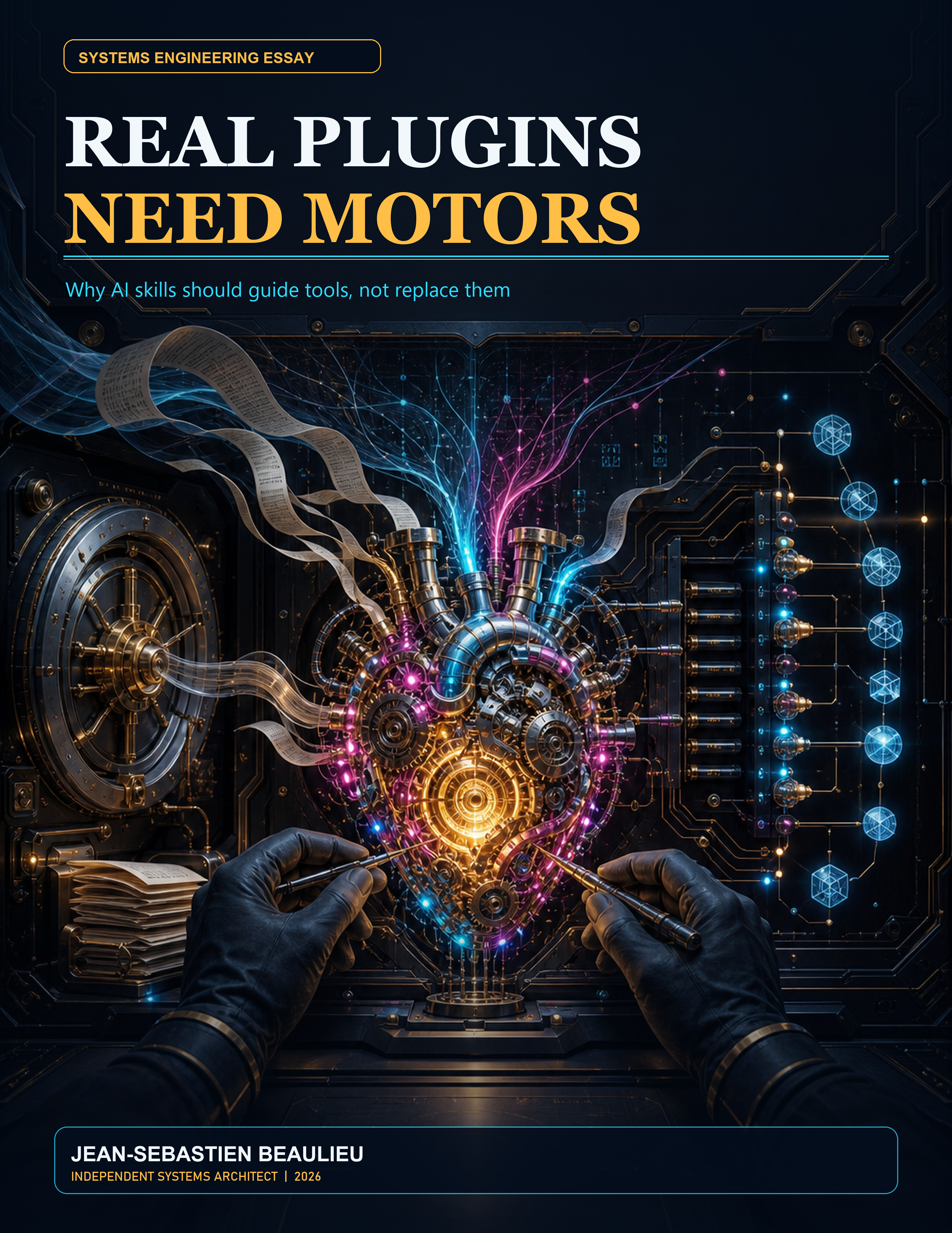 Cover of Real Plugins Need Motors, a systems engineering essay by Jean-Sebastien Beaulieu