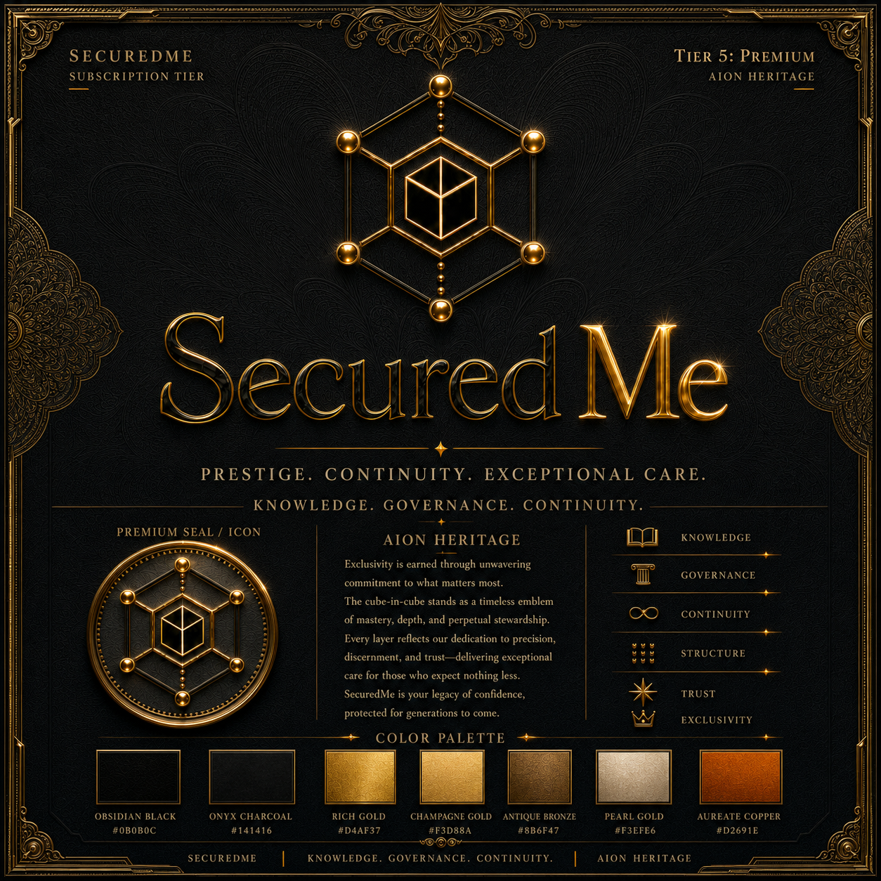 SecuredMe Premium design system with gold seal, dark archival palette, and continuity motifs