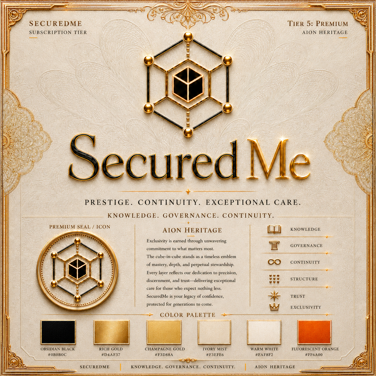SecuredMe Premium light design system with gold seal, ivory archival palette, and continuity motifs