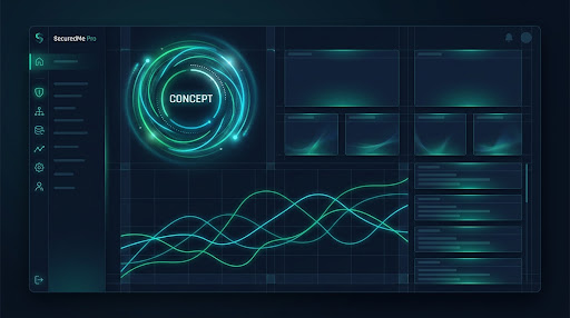 Dark SecuredMe Pro concept dashboard with abstract charts and review panels