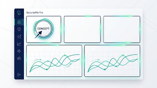 Light SecuredMe Pro concept dashboard with abstract charts and review panels